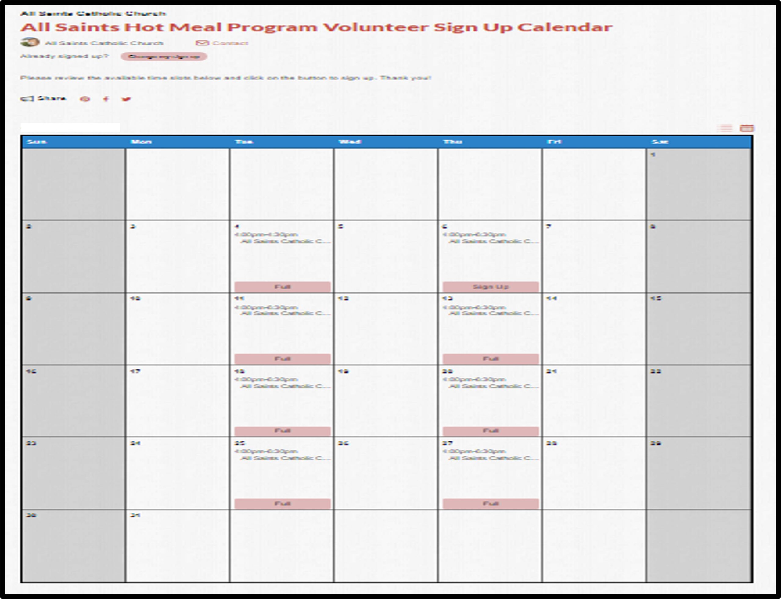 All Saints Hot Meal Program Volunteer Sign Up Calendar (Click on Image)